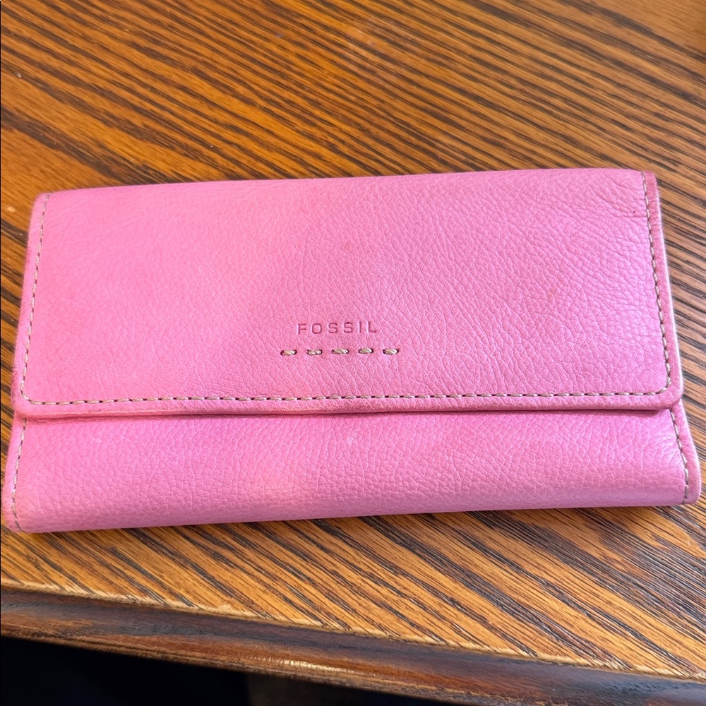 Fossil Pebble Leather Wallet Pink Clutch Card Organizer Trifold Checkbook